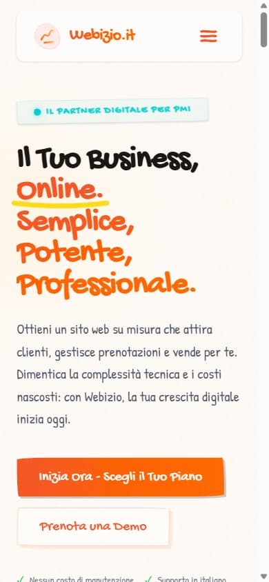 Homepage mobile di Webizio con siti, prenotazioni, e-commerce e sviluppo su misura