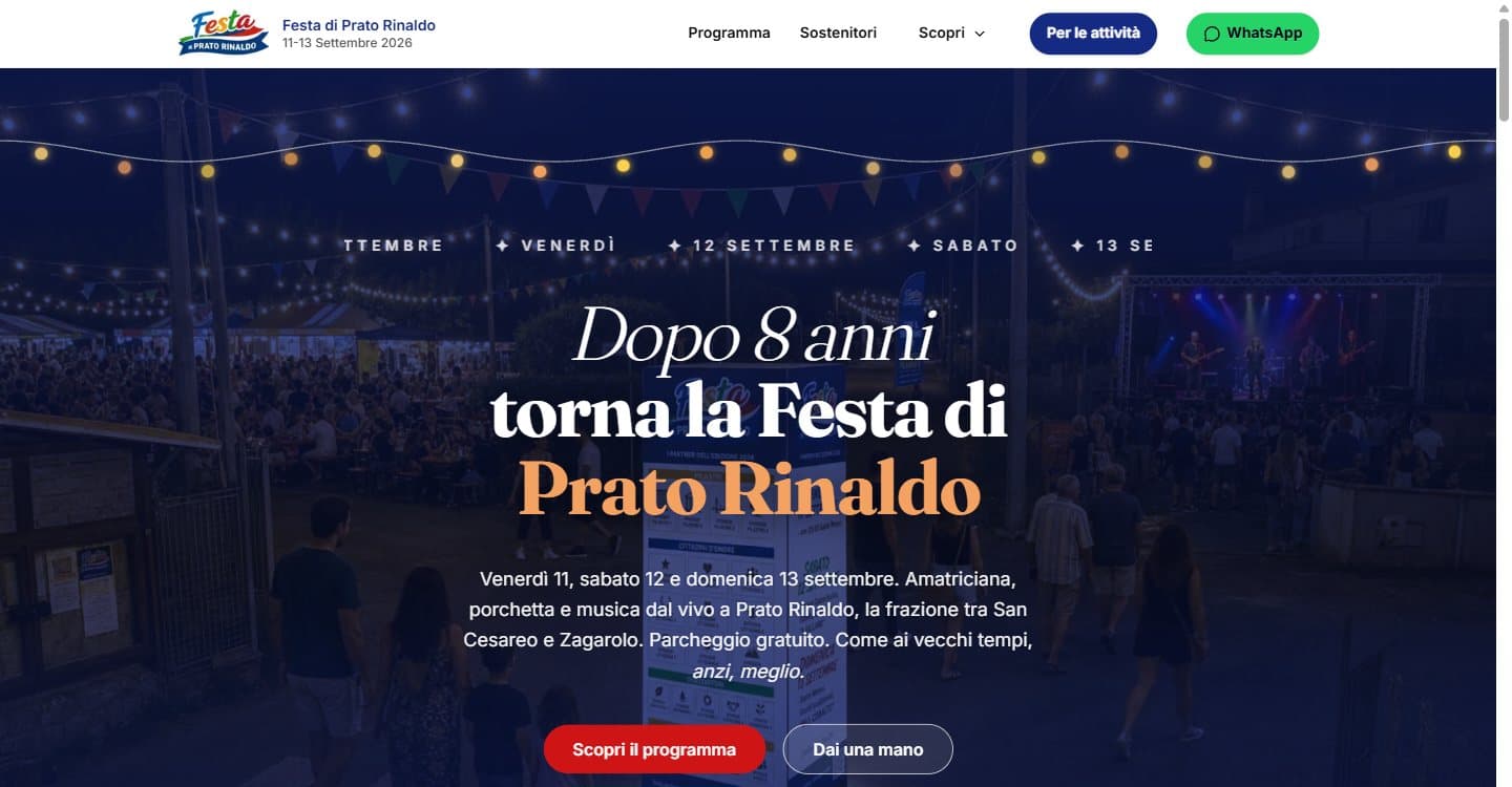 Homepage desktop della Festa di Prato Rinaldo con programma, raccolta e ritorno dopo otto anni