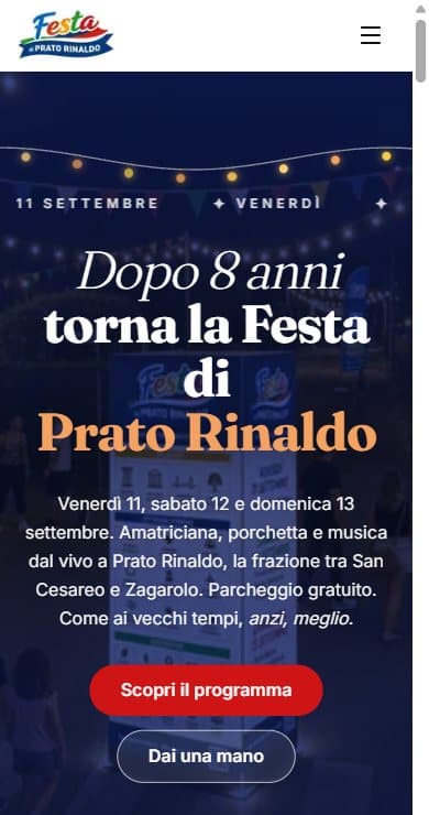 Homepage mobile della Festa di Prato Rinaldo con date e informazioni per partecipare