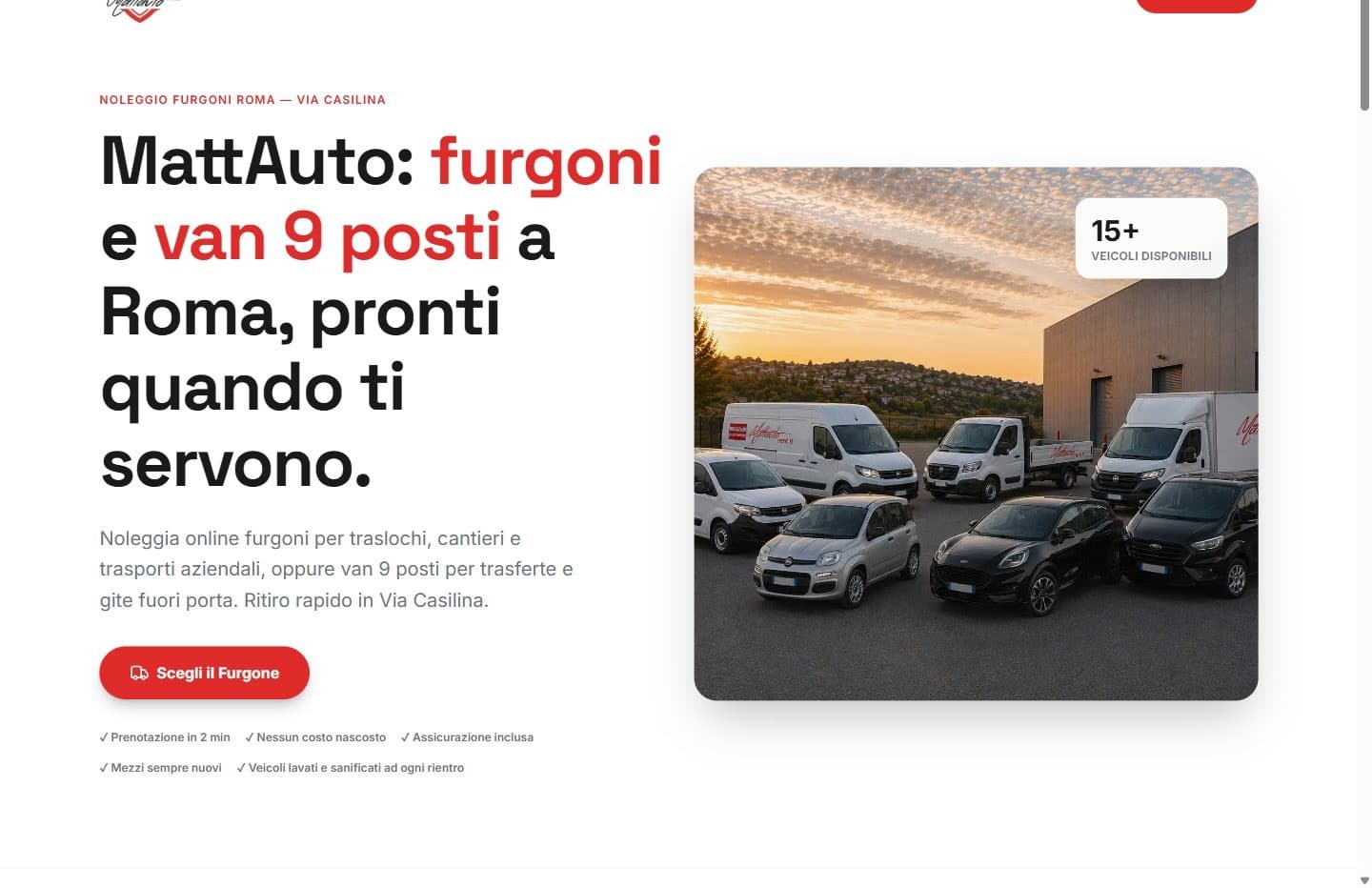 Homepage desktop di MattAuto Rent con flotta e prenotazione di furgoni e van a Roma