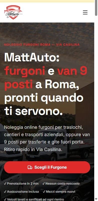 Homepage mobile di MattAuto Rent con accesso alla scelta e alla prenotazione del veicolo