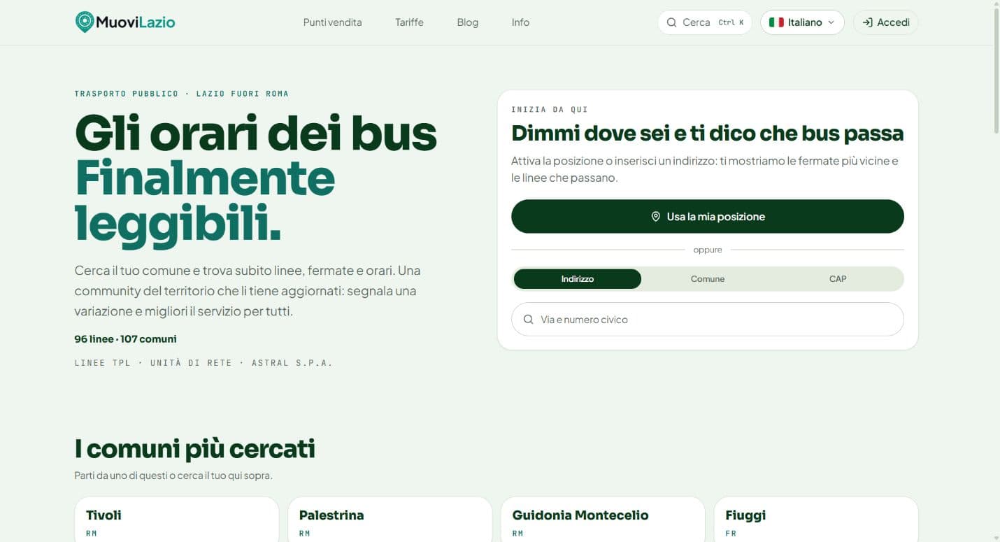 Homepage desktop di Muovi Lazio con ricerca di linee e fermate per luogo