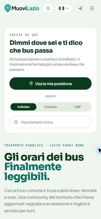 Homepage mobile di Muovi Lazio con ricerca per indirizzo, comune o CAP