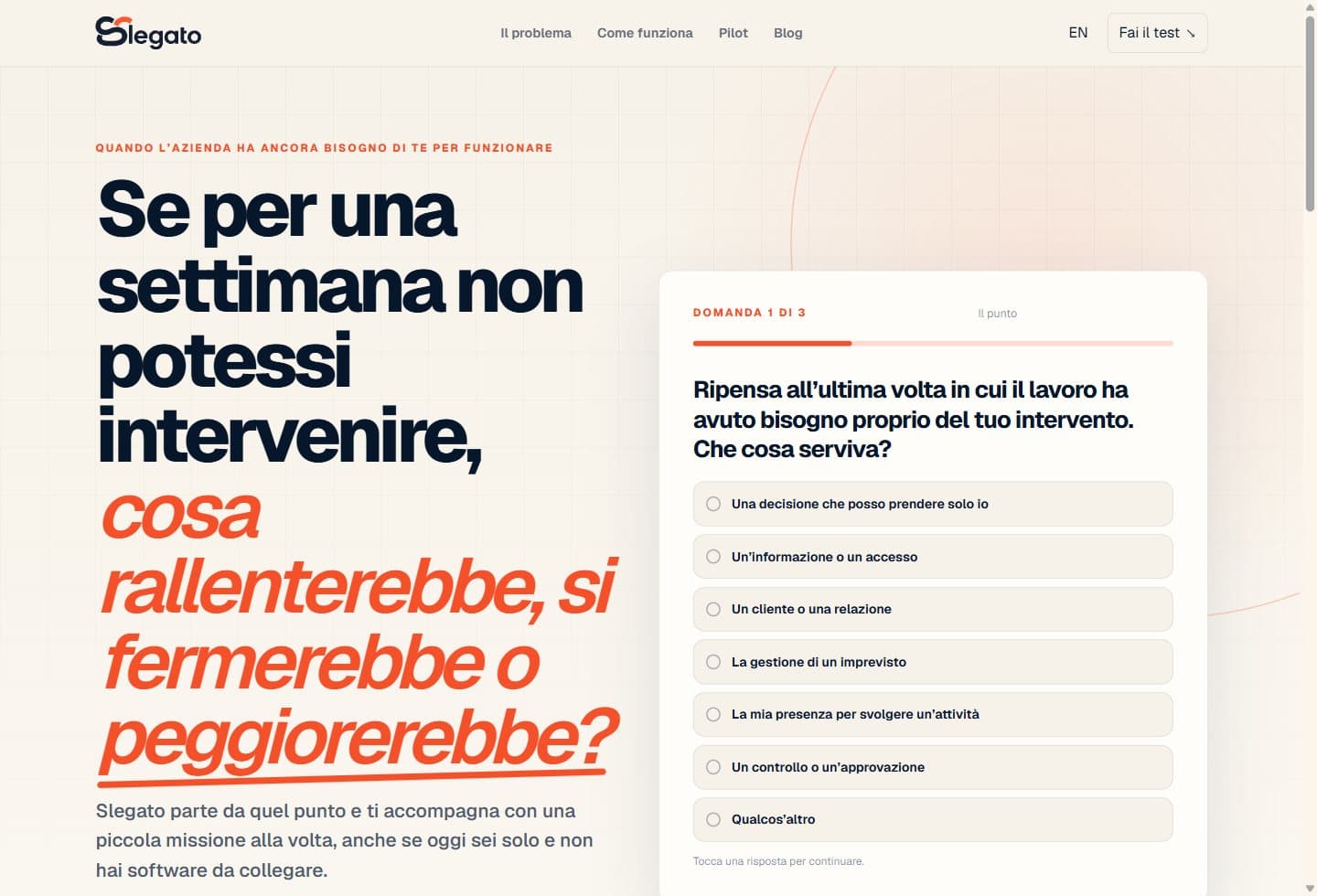 Homepage desktop di Slegato con il test sulle dipendenze operative dal titolare
