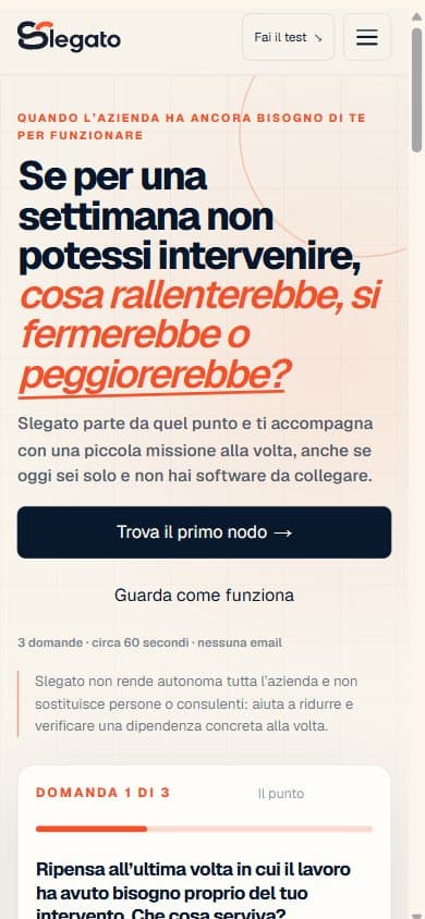 Homepage mobile di Slegato con il percorso per trovare un primo nodo operativo